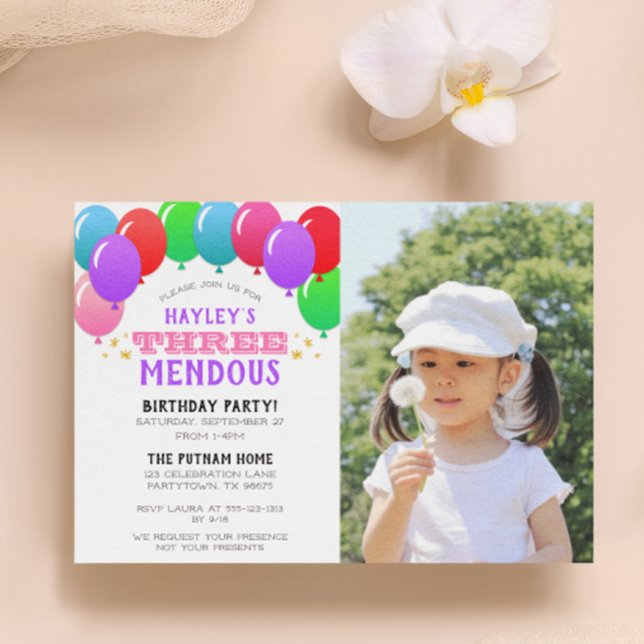 THREEmendous 3rd Birthday Balloon Pink Photo Invitation (Creator Uploaded)