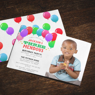 THREEmendous 3rd Birthday Balloon Red Photo Invitation