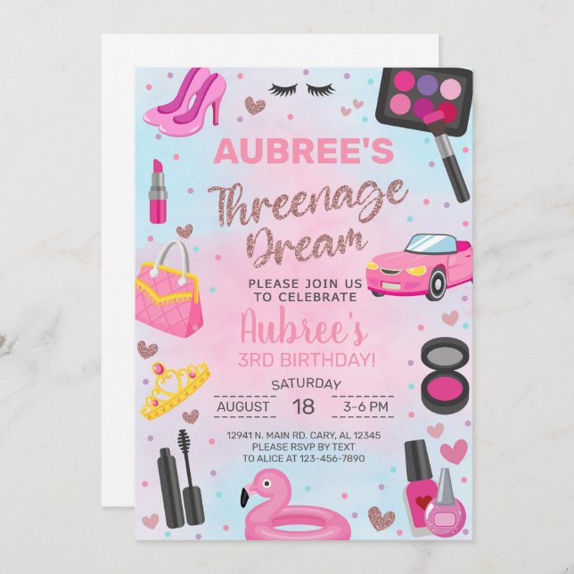 Threenage Dream girl 3rd third birthday invitation (Front/Back)