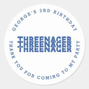 Threenager Name 3rd Birthday Blue Thank You Classic Round Sticker