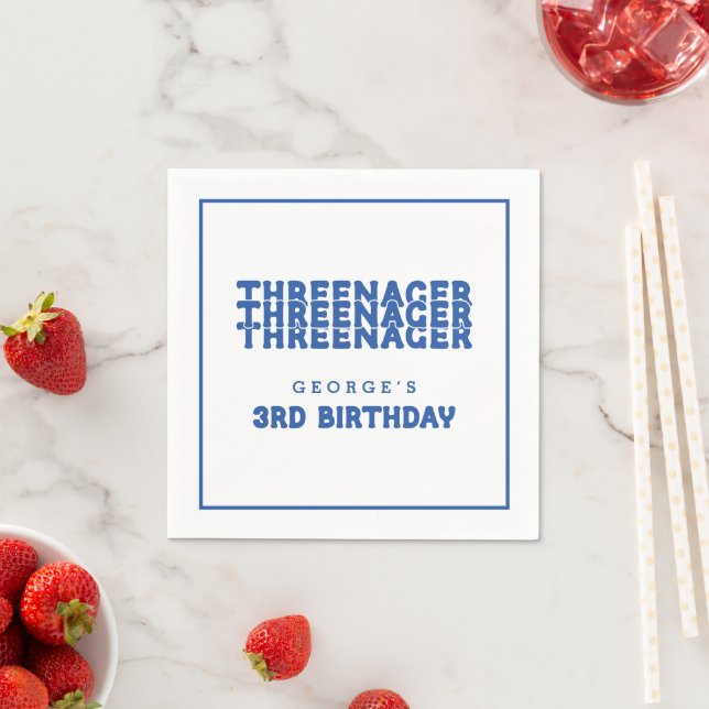 Threenager Name 3rd Birthday Line Border Blue Napkin (Insitu)