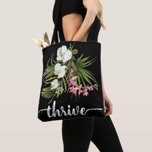 Thrive Tropical Beach Greenery Pink Floral Black Tote Bag