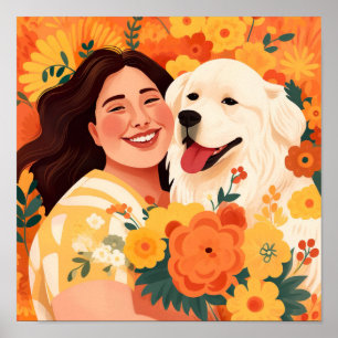 Thriving Woman & Rescue Dog Floral Portrait Poster