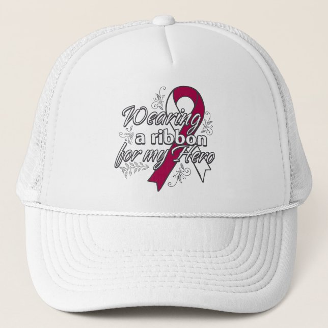 Throat Cancer Wearing a Ribbon for My Hero Trucker Hat (Front)