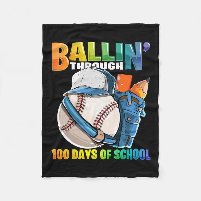 Through 100 Days Of School Baseball Kindergarten B Fleece Blanket (Front)