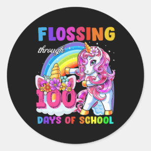 Through 100 Days Of School Flossing Unicorn Girls Classic Round Sticker