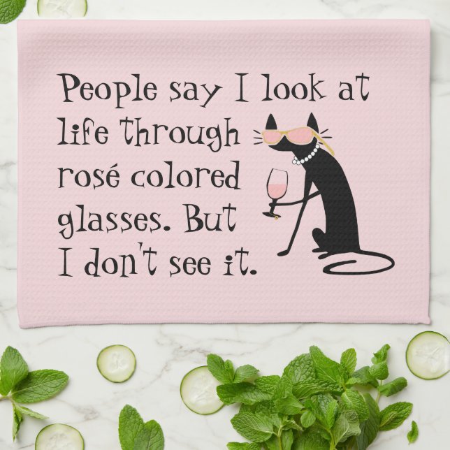 Through Rosé Coloured Glasses, Wine Pun Cat Tea Towel (Folded)