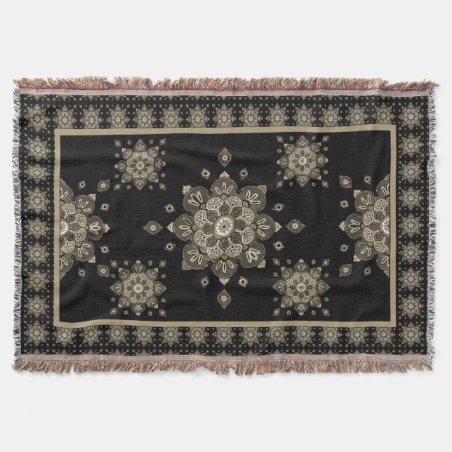 Throw Blanket Sepia Medallions on Black (Front)
