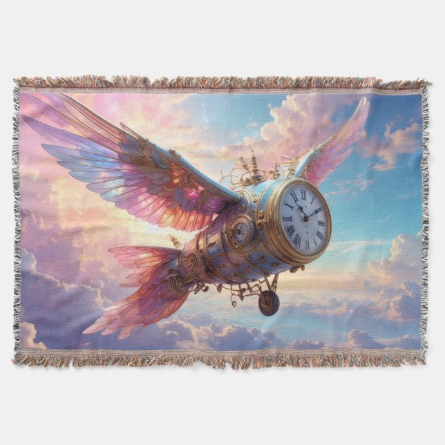 Throw blanket with fantastical wing and clock face (Front)