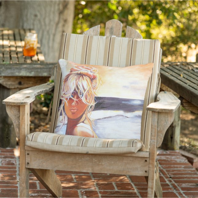 Throw Cushion with Blond Girl on Beach (Chair)