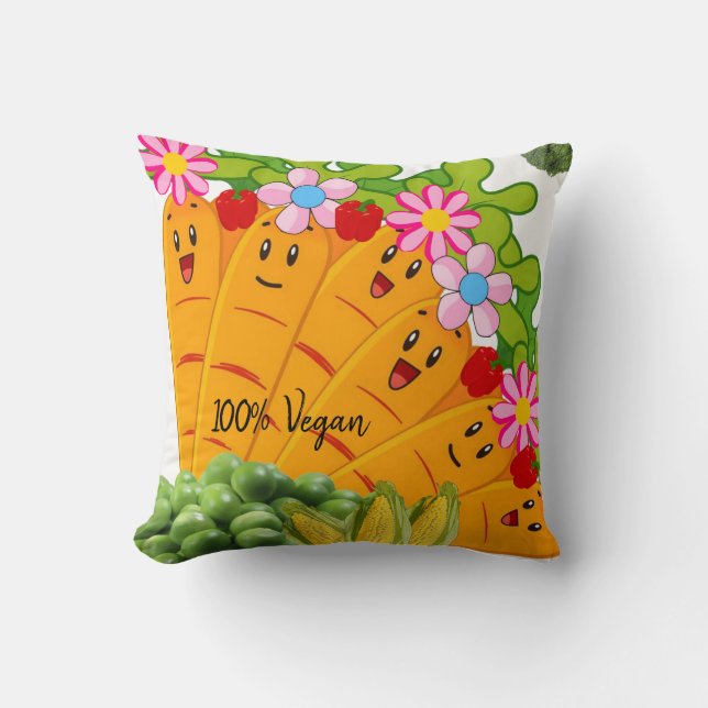 Throw Pillow 100% Vegan Carrots Peas Floral (Front)