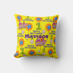 Throw Pillow, #1 First Birthday Yellow Cushion