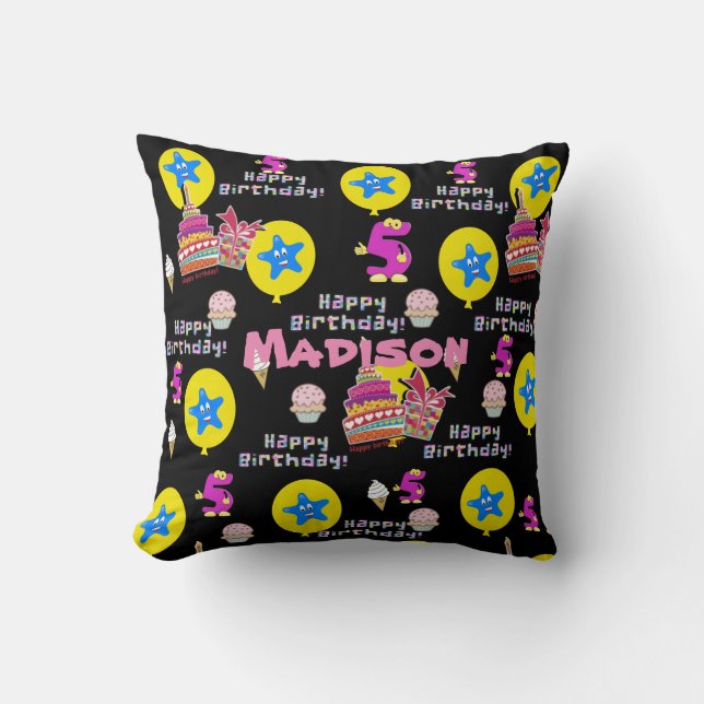 Throw Pillow, #5 Happy 5th Birthday Black Cushion (Front)