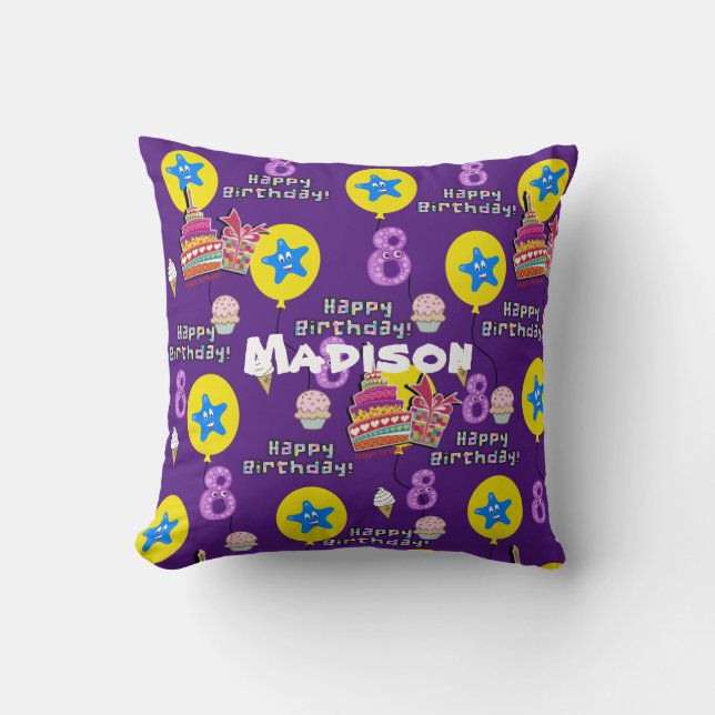Throw Pillow, #8 Happy 8th Birthday Purple Cushion (Front)