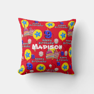 Throw Pillow, #9 Happy 9th Birthday Red Cushion
