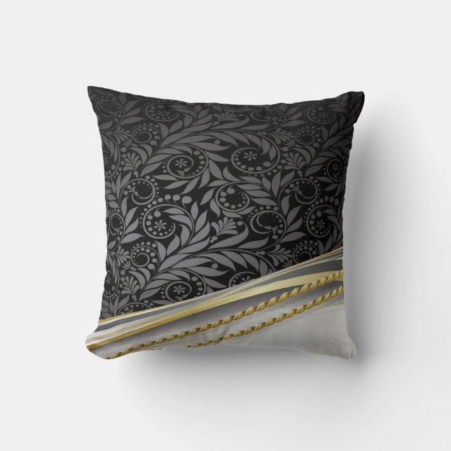 Throw Pillow/Black Swirls with Gold Ropes Cushion (Front)