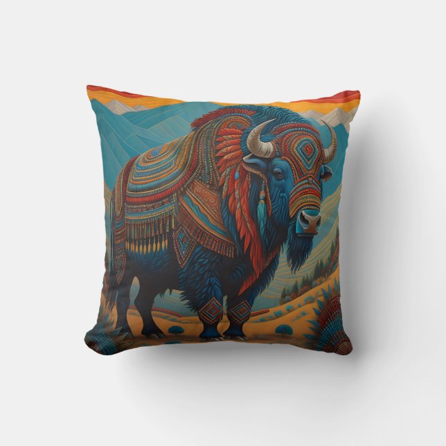 Throw Pillow Buffalo native American design  (Front)