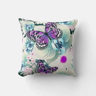 Throw Pillow/Butterflies, Orchids and Daisies Cushion