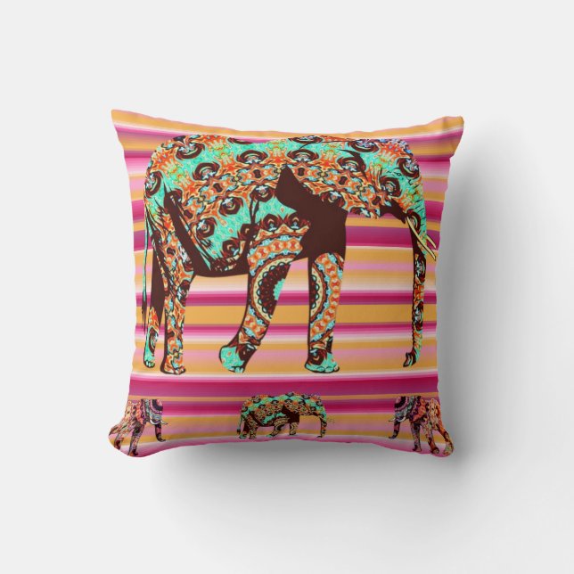 Throw Pillow Colourful Elephant African Stripe (Front)