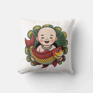 Throw Pillow Cute Boy with Lucky Koi