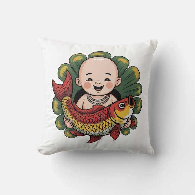 Throw Pillow | Cute Boy with Lucky Koi (Front)