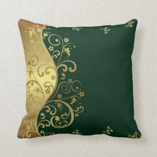 Throw Pillow--Dark Green & Gold Swirls Cushion