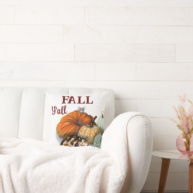 Throw Pillow, fall, with Calico Cat, mouse, pumpki Cushion (Couch)