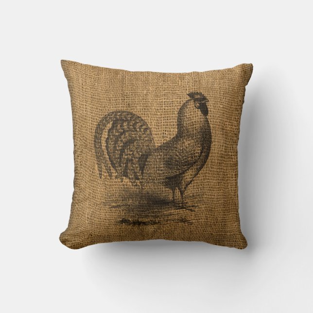 Throw Pillow Faux Burlap with Rooster Image (Front)
