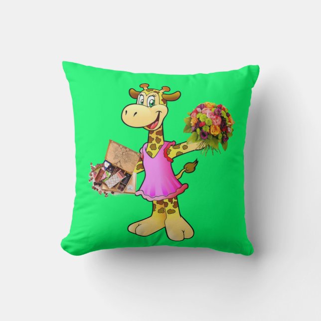 Throw Pillow Giraffe Green Floral Chocolate (Front)