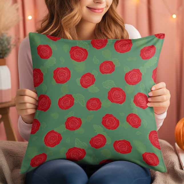 Throw Pillow, Green With Red Roses. Throw Pillow (Creator Uploaded)