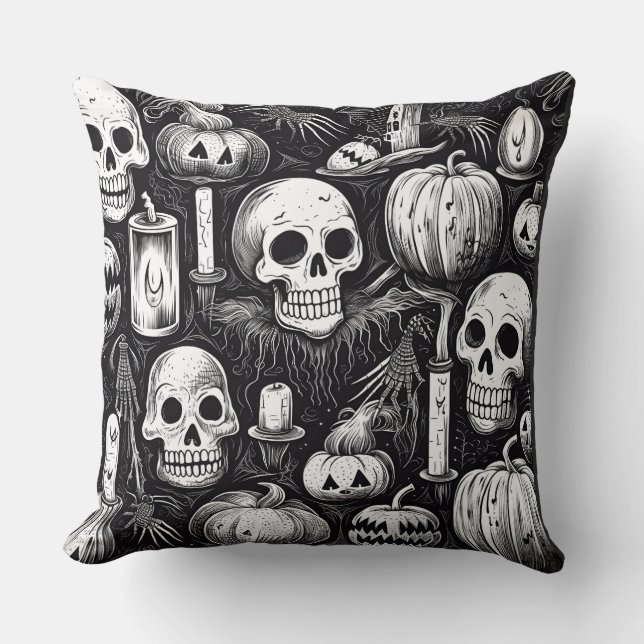 Throw Pillow Halloween pumpkin and skull ink patte (Front)