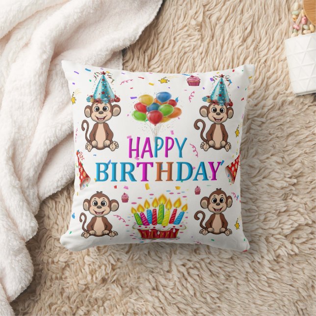 Throw Pillow, Happy Birthday Monkey Cupcake Cushion (Blanket)