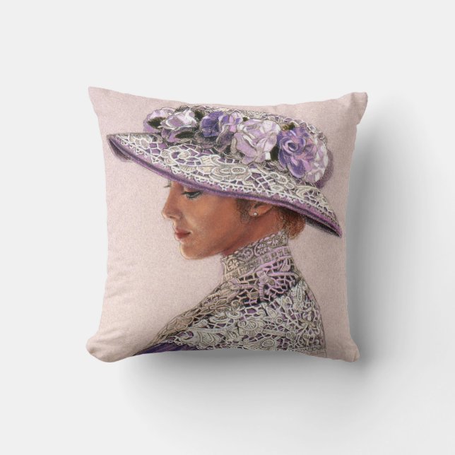 Throw Pillow Lavender Lace Victorian Lady Rose Hat (Front)