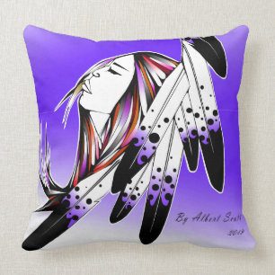 Throw pillow Native woman eagle feathers purple