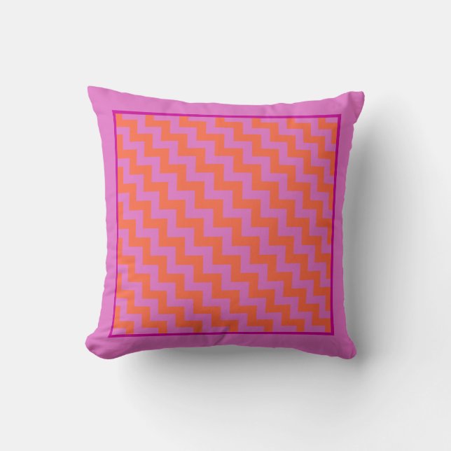Throw Pillow or Cushion, Magenta, Orange Chevrons (Front)