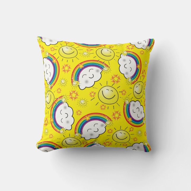 Throw Pillow Orange Yellow Rainbow, Sun, Clouds (Front)