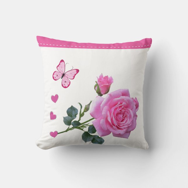 Throw Pillow Pink Rose Floral Butterfly Hearts (Front)