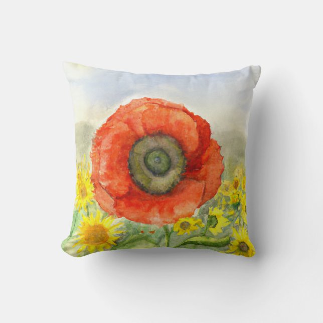 Throw Pillow Poppy and Sunflowers (Front)