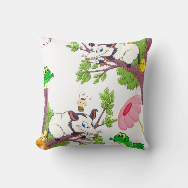 Throw Pillow Possum Chicks Frog Floral (Front)