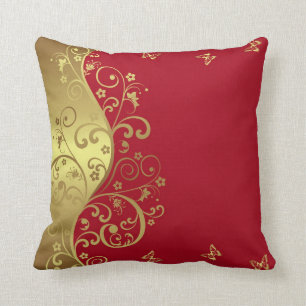 Throw Pillow--Red & Gold Swirls Cushion