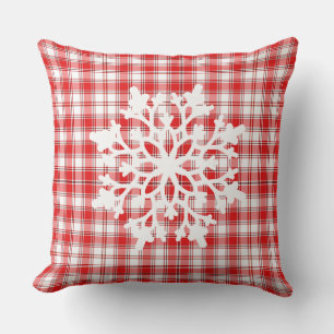Throw Pillow-Red Plaid Snowflake Cushion