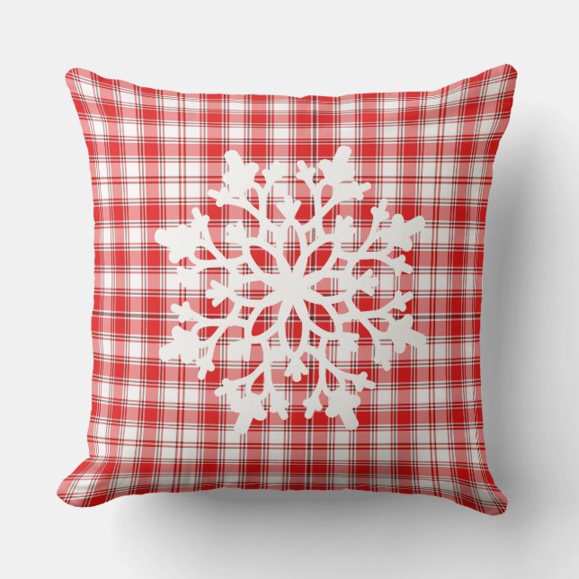 Throw Pillow-Red Plaid Snowflake Cushion (Front)