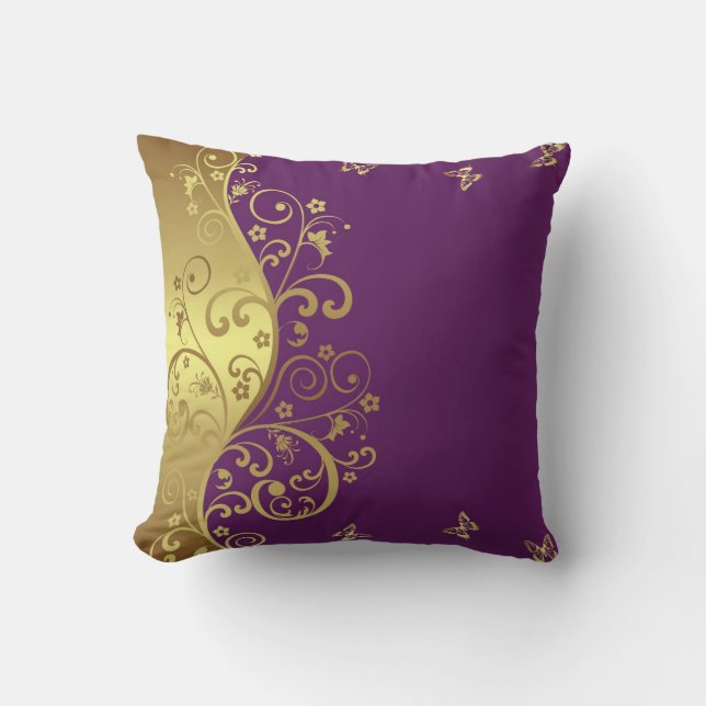 Throw Pillow--Red Violet & Gold Swirls Cushion (Front)