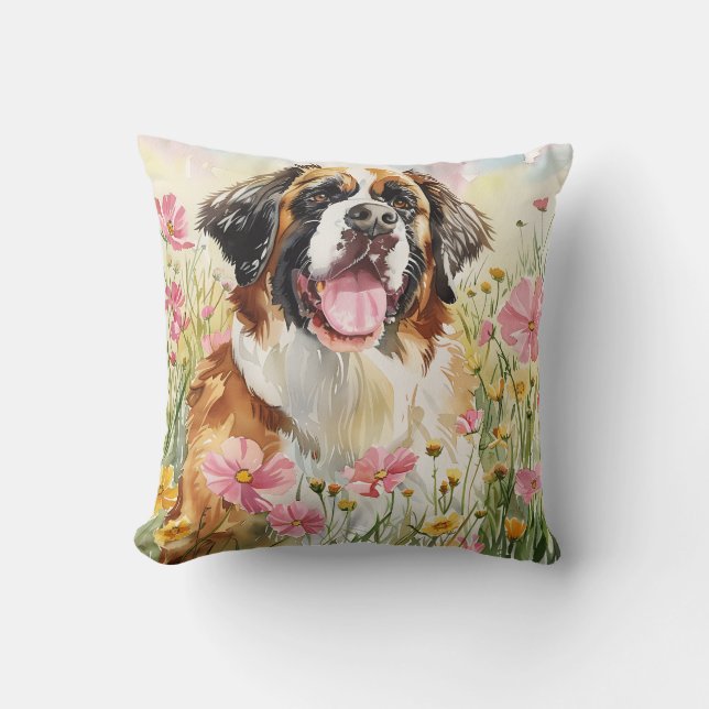 Throw Pillow – Saint Bernard Watercolor Pillow (Front)