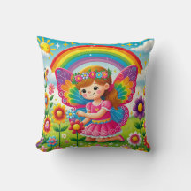 THROW PILLOW "SMILING FAIRY PICKING FOWERS"