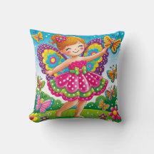 THROW PILLOW "SMILING FAIRY with BUTTERFLIES"