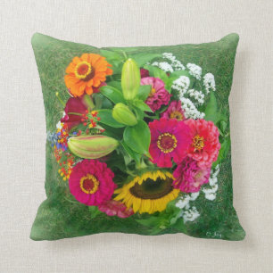 Throw Pillow: Sunflower & Zinnia Bouquet_ Cushion