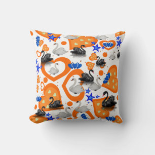 Throw Pillow Swan Orange Hearts Blue Stars