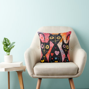 Throw Pillow Valentine's Day Cat Red Hearts