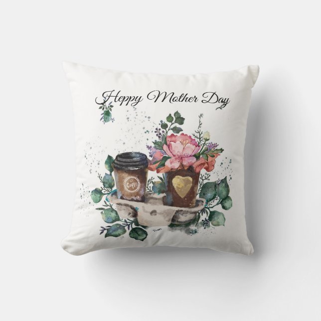 Throw Pillow Watercolor Flowers and Coffee Mother' (Front)